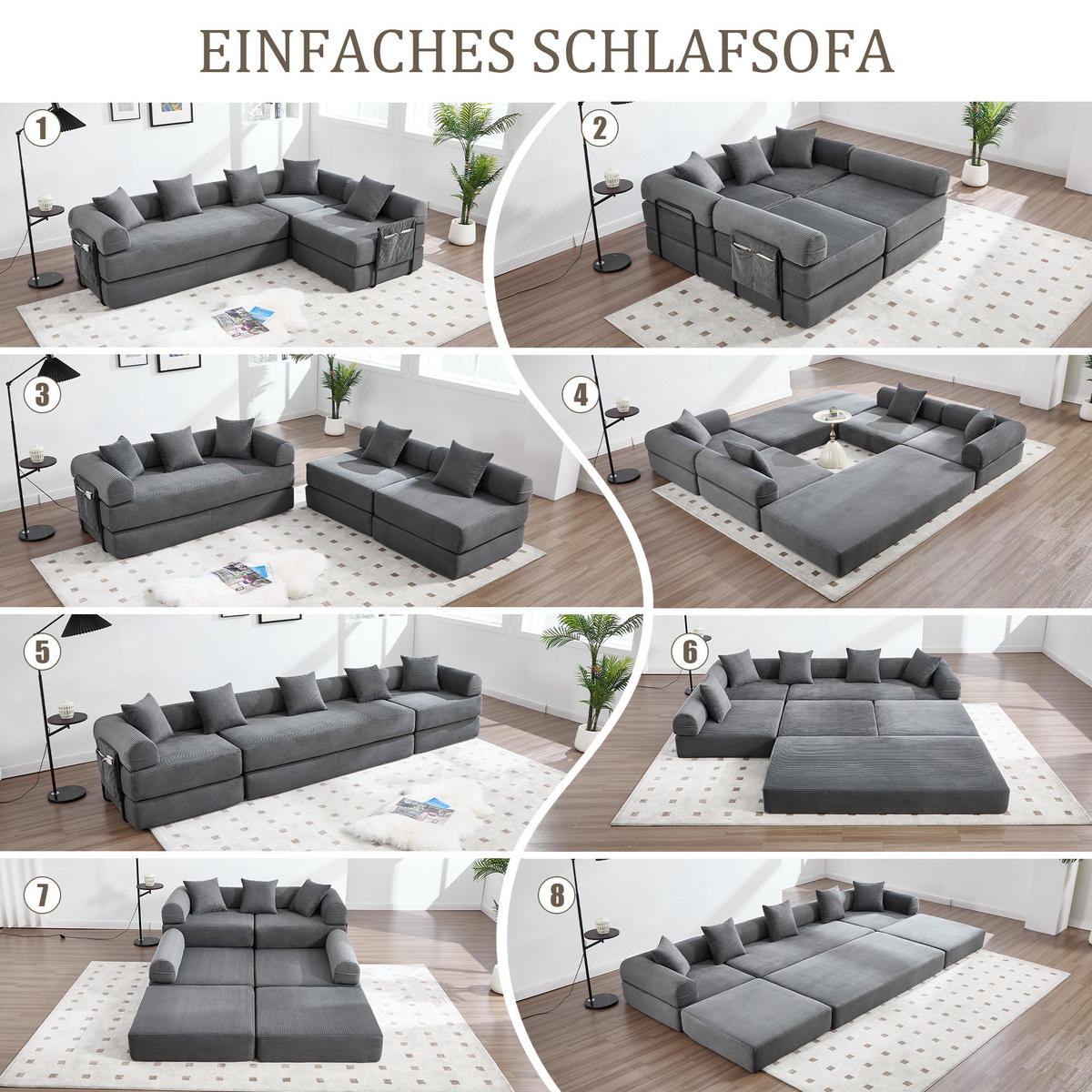 SCHLAFSOFA 270/180/64 cm Dunkelgrau mit Integrierte Seitentaschen - Dunkelgrau, Textil (270/64/180cm) - Oxeza