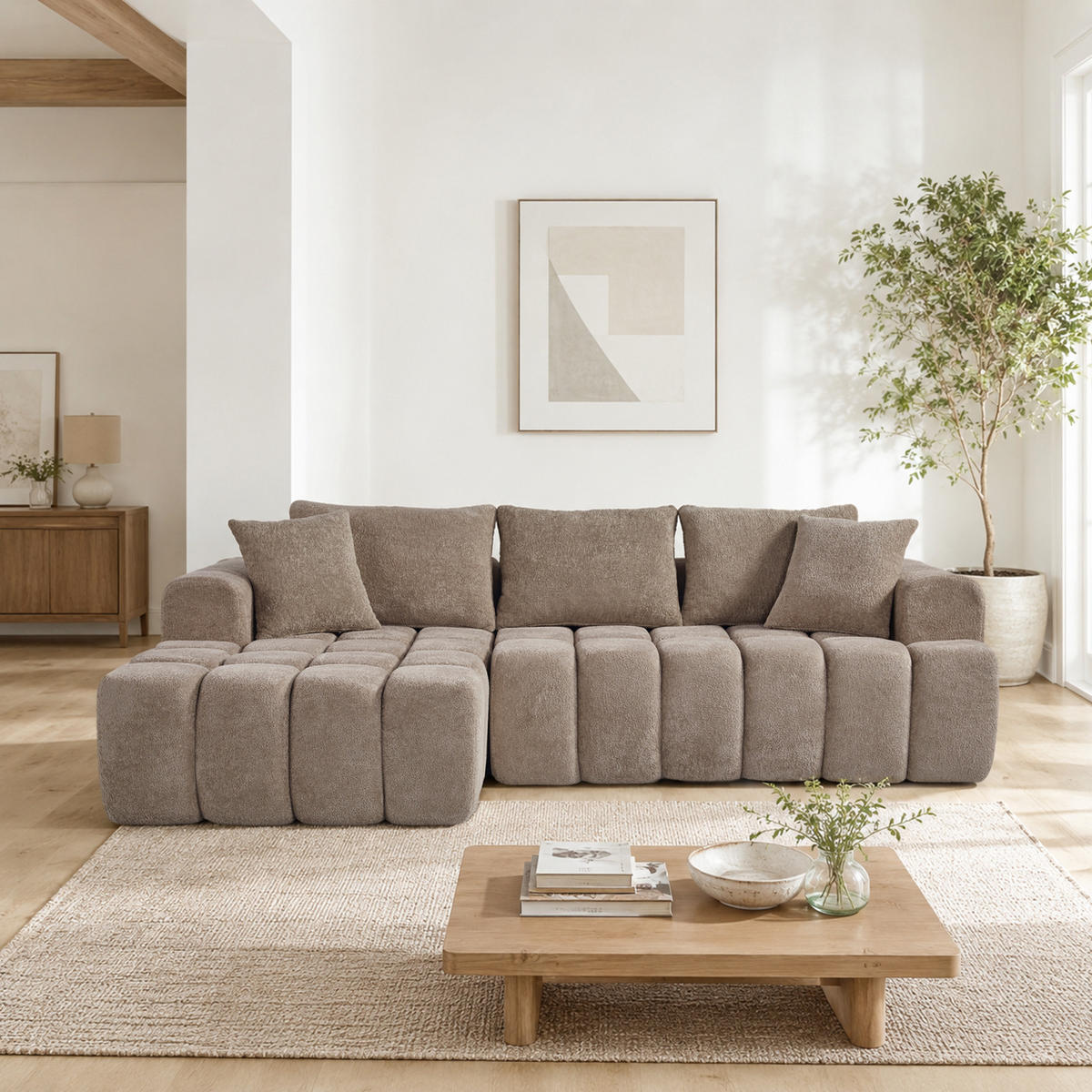 ECKSOFA L-Form 3-Sitzer in Taupe aus Samt mit linker Chaiselongue - Taupe, Textil (250/160cm) - CHICFURN