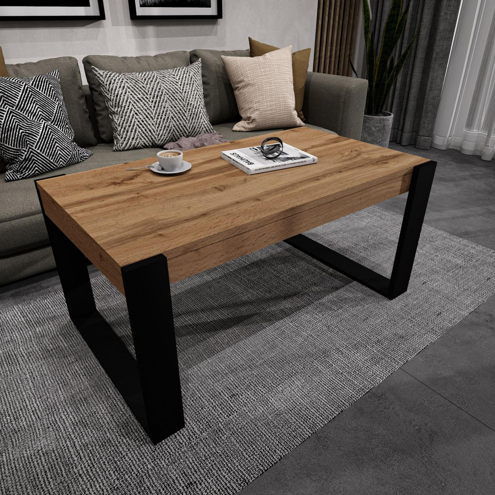 COUCHTISCH Karo II 92/44/54 - Eiche Wotan/Schwarz, Holzwerkstoff (54/92/44cm) - RAUMHIRSCH FURNITURE