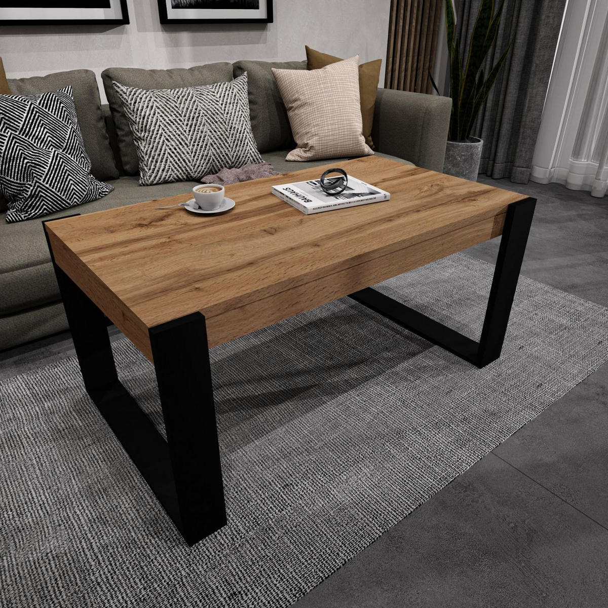 COUCHTISCH Karo II 92/44/54 - Eiche Wotan/Schwarz, Holzwerkstoff (54/92/44cm) - RAUMHIRSCH FURNITURE