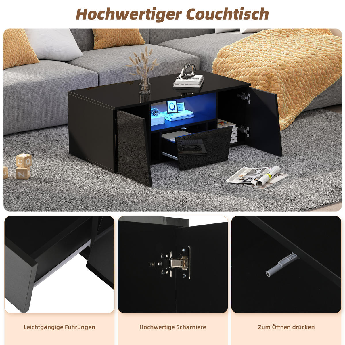 COUCHTISCH 100/50/40 cm schwarz mit LED-Beleuchtung 2 Schränken und 1 Schublade - Schwarz, Holzwerkstoff (100/50/40cm) - OKWISH