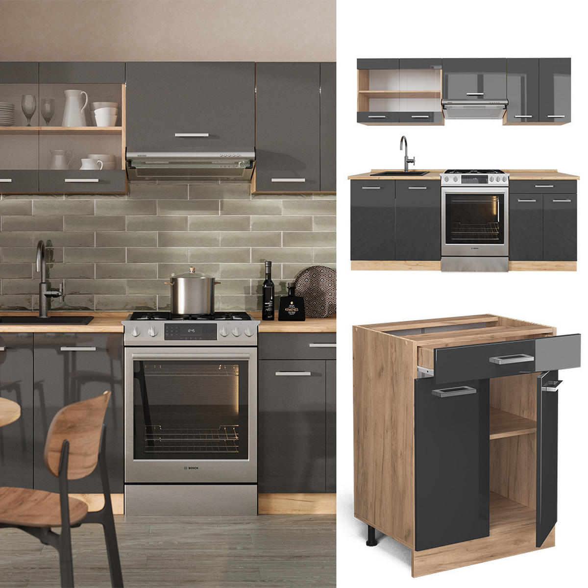 KÜCHE R-Line Anthrazit Hochglanz/Goldkraft Eiche 200 cm ohne AP - Honigeiche/Anthrazit, Holzwerkstoff (200/81.6/46cm) - Vicco