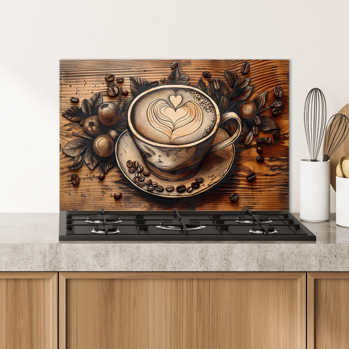SPRITZSCHUTZ KÜCHE Kaffee - Vintage - Braun - Tasse - Holz 60x40 cm - Cappuccino, Metall (60/0.3/40cm) - MuchoWow