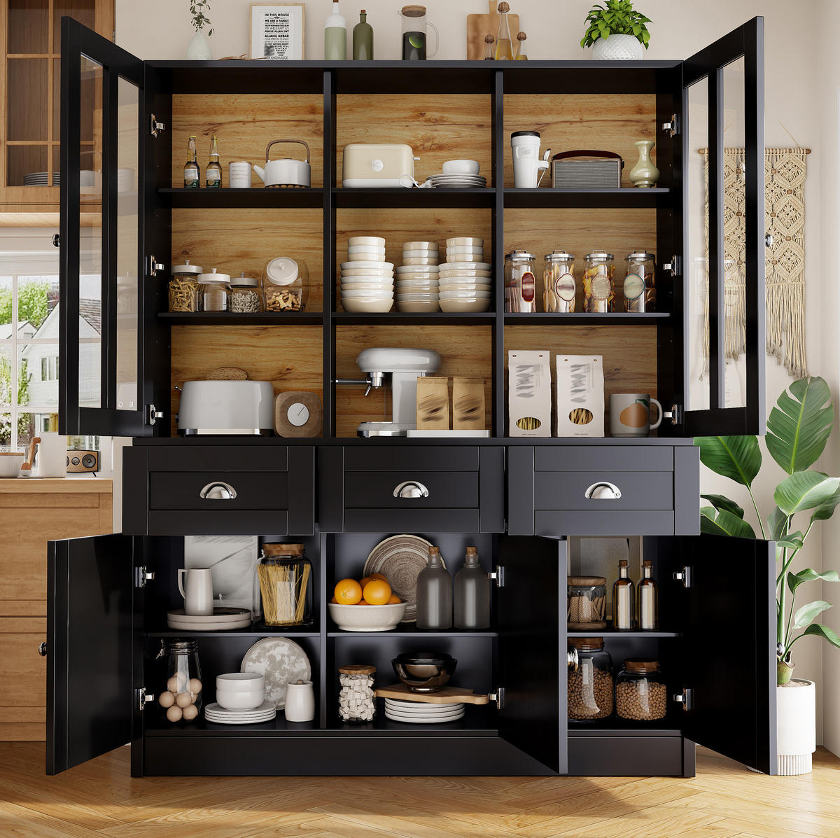 HOCHSCHRANK mit Acryltüren MDF Schwarz 3 Pakete - Schwarz, Holzwerkstoff (38.5/175/140cm) - Meubliv