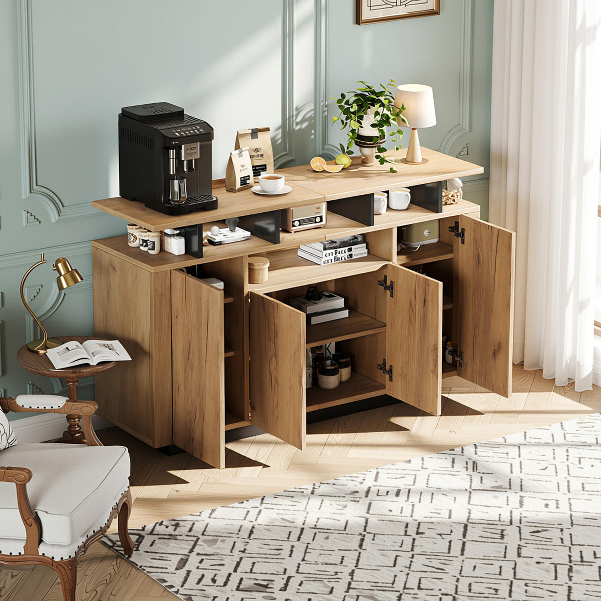 SIDEBOARD 140 cm Naturholz & Schwarz mit 4 Türen & offenen Fächern im modernen Stil - Naturfarben, Holzwerkstoff (140/85/40cm) - Urban Meuble