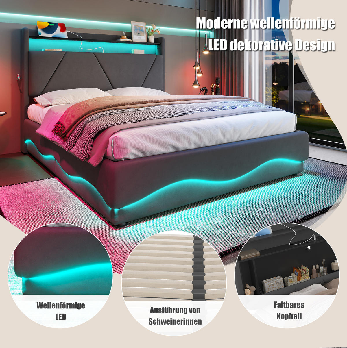 POLSTERBETT 160/200 cm aus Samt mit LED-Beleuchtung und Stauraum Dunkelgrau - Dunkelgrau, Textil (160/200cm) - Modenvie