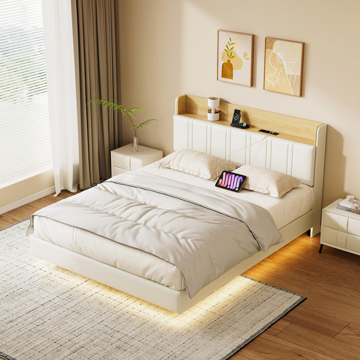 POLSTERBETT 160x200 Weiß PU Holz LED Seitentaschen - Weiß, Metall (160/200cm) - SHOPENTRA