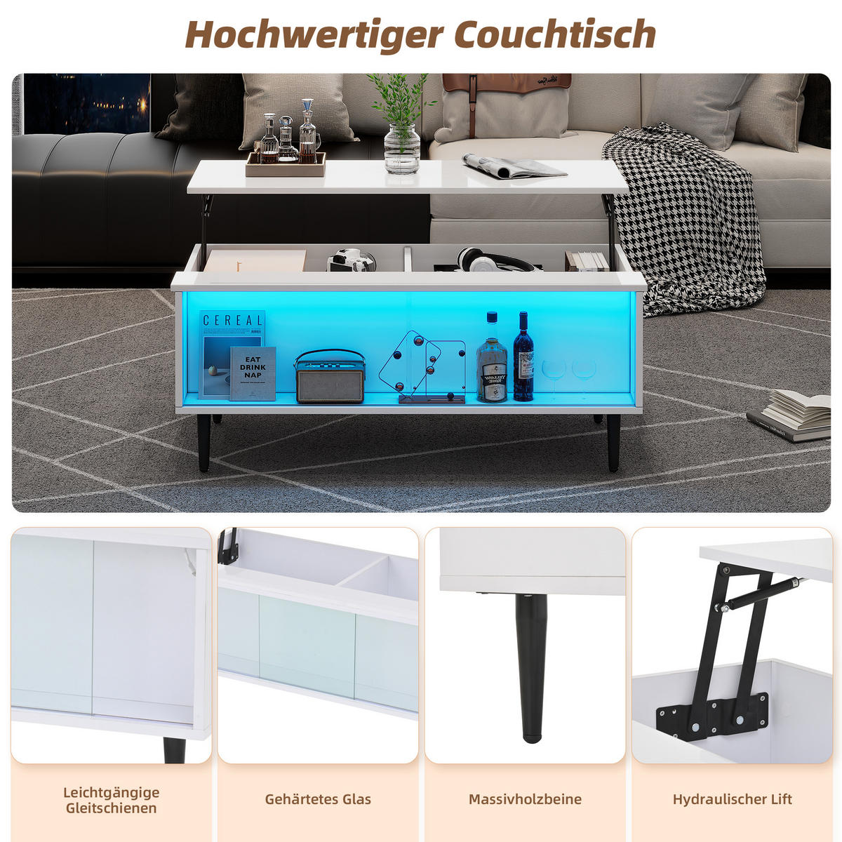 COUCHTISCH Weiß 105/50/43 cm mit Hebefunktion, Glasfront und LED-Beleuchtung - Weiß, Holzwerkstoff (50/105/43cm) - PANGIVO