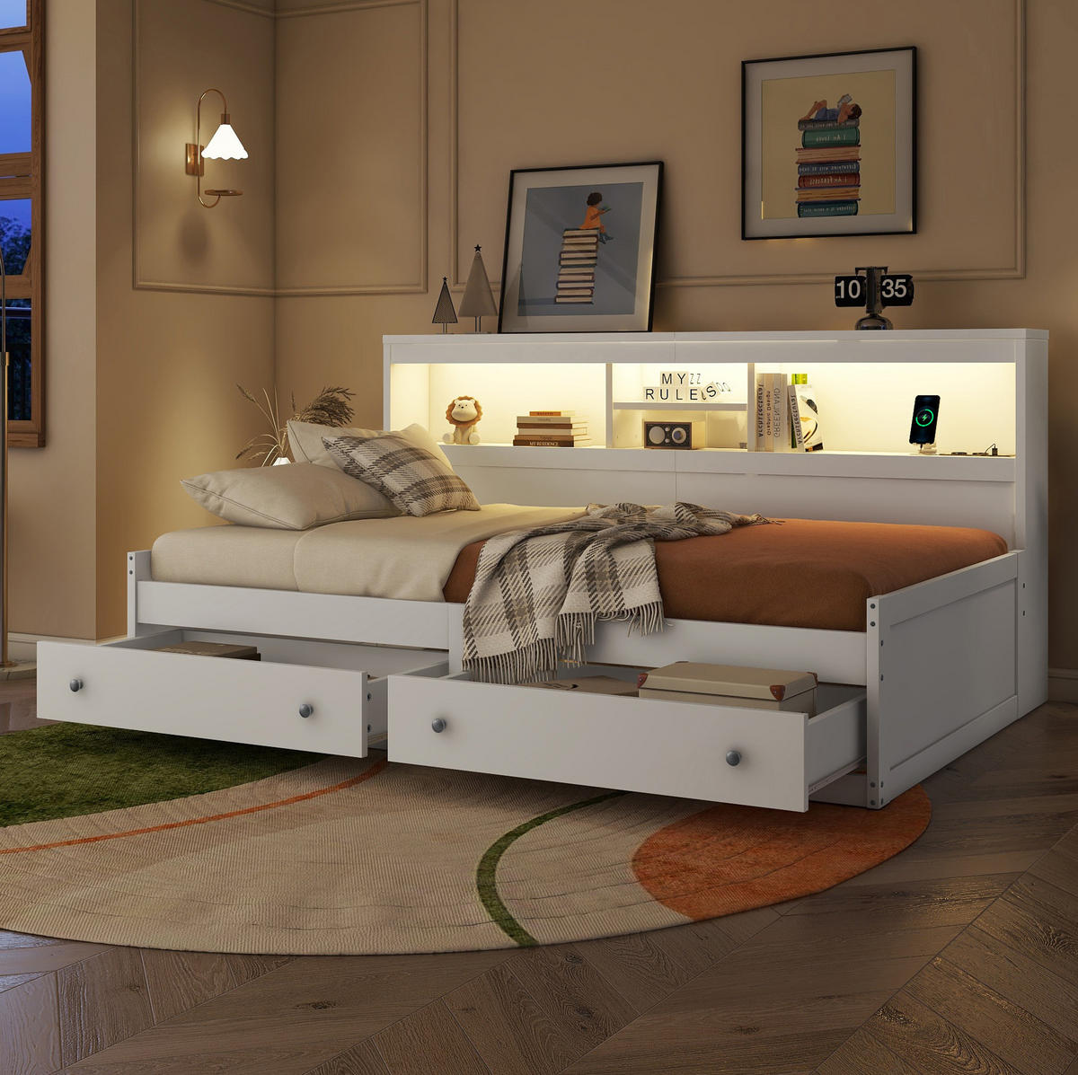 POLSTERBETT 90/200 cm Weiß mit LED-Beleuchtung und USB-Anschlüssen - Weiß, Holzwerkstoff (90/200cm) - Flora Grace
