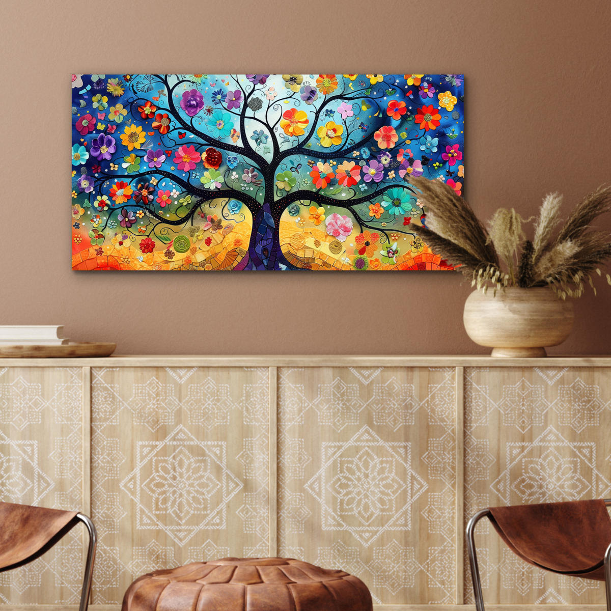 KOVOVÝ OBRAZ Umenie - Strom života - Kvety - Hippie 80x40 cm - tmavomodrá, kov (80/40cm) - MuchoWow