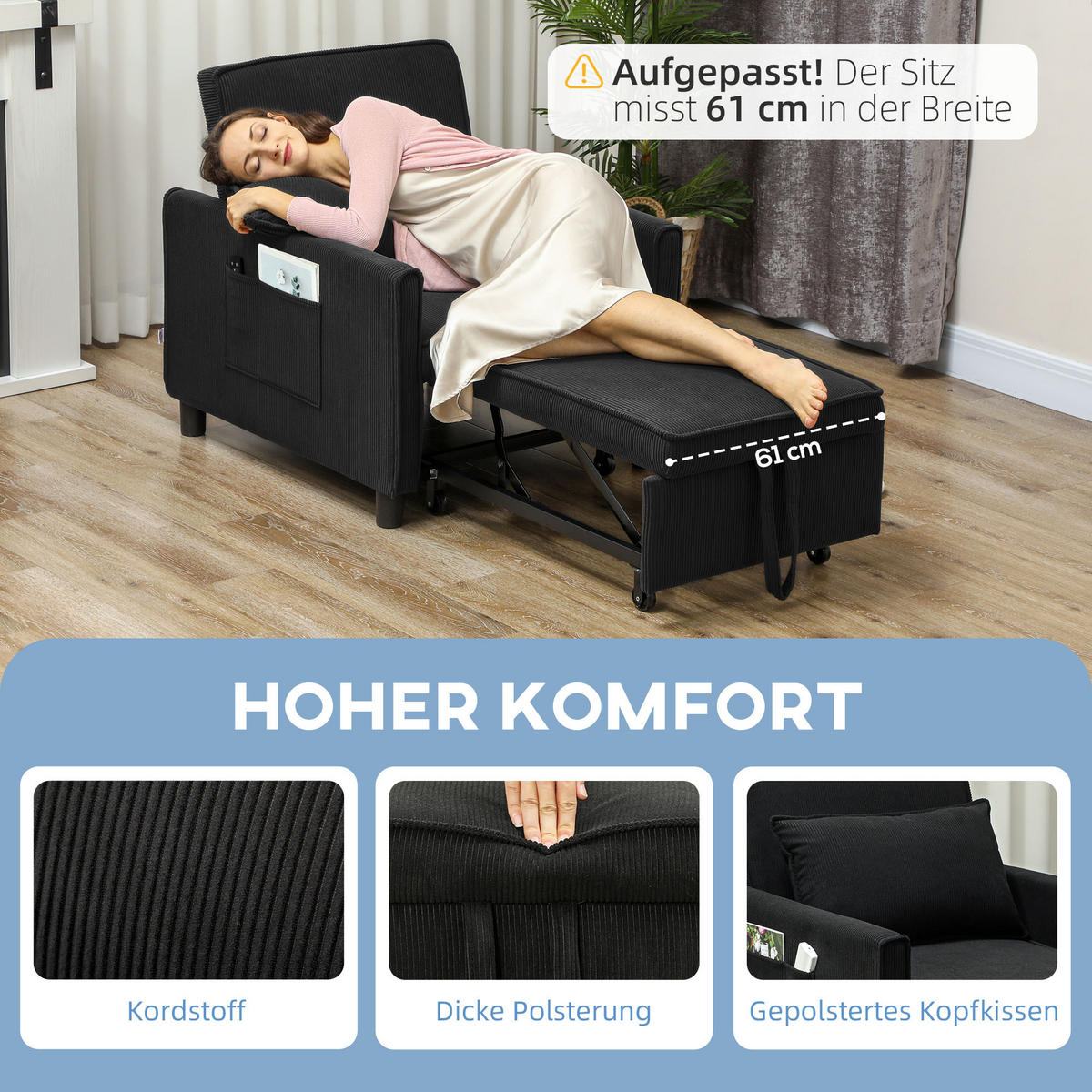 3-IN-1 Schlafsessel, Klappbett mit Bettfunktion, Lendenkissen für Wohnzimmer - Schwarz, Kunststoff (74/81/84cm) - HOMCOM