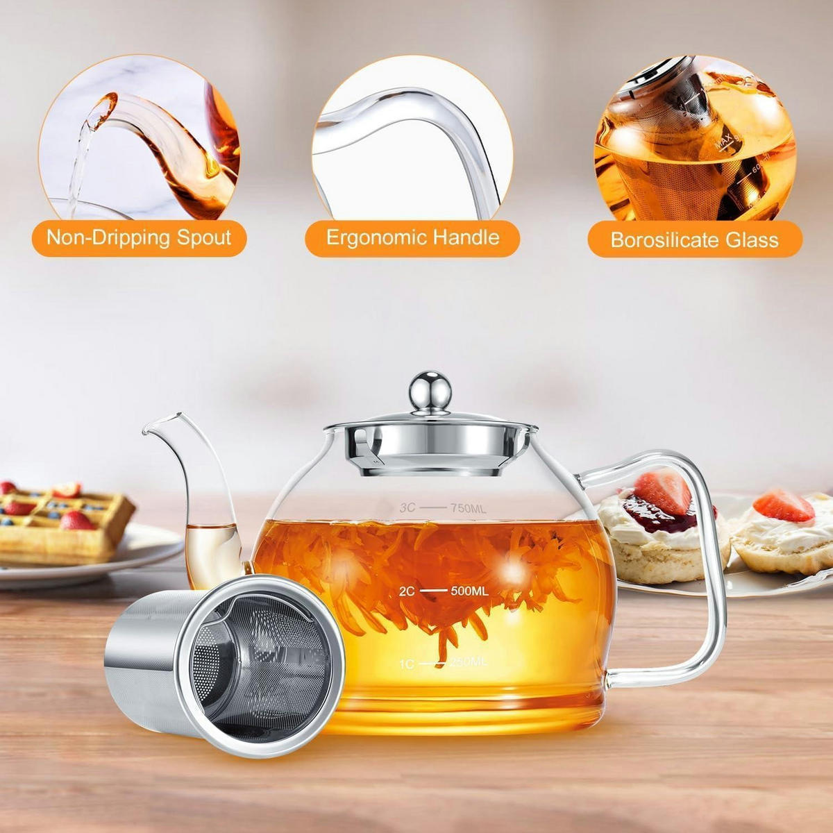 TEEKANNE mit Siebeinsatz 800 ml Borosilikatglas Hitzebeständig - Transparent, Glas (20/12.5cm)