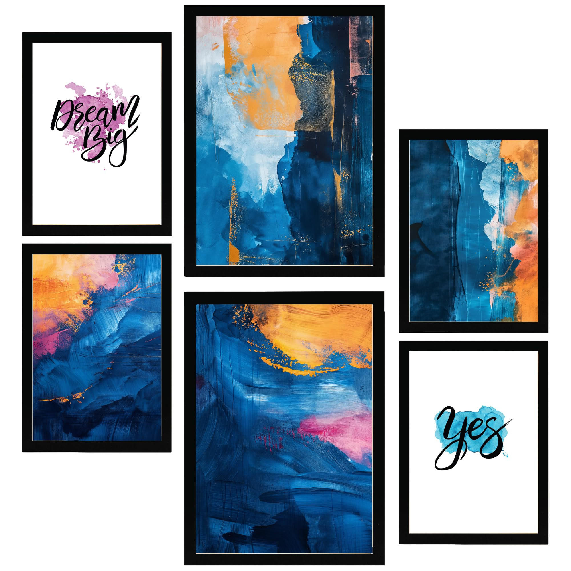 POSTER Set Mit 6 Abstrakte Farben Blau Gold Türkis Formen A3 & A4 Schwarzer Rahmen - Schwarz, Papier (29/3cm) - Nacnic