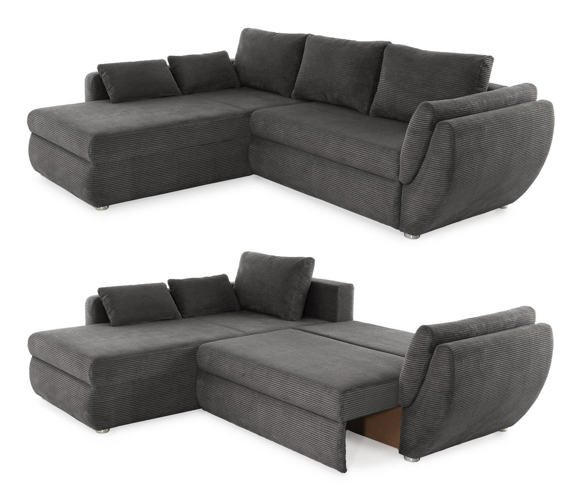 ECKSOFA mit Schlaffunktion und Bettkasten, seitenverkehrt montierbar B272/T200/H88 cm, Liegefläche 128x224 cm, Cord Grau Anthrazit / 15226 - Chromfarben/Schieferfarben, Kunststoff/Textil (272/200cm) - luma-home