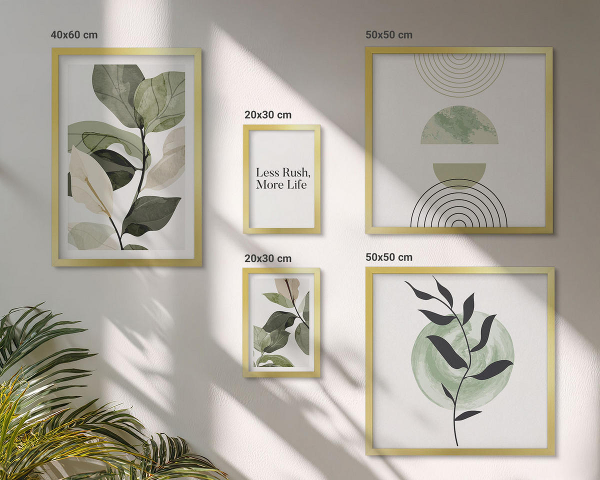 WANDBILDER 5er Set - 50x50 cm & 20x30 cm & 40x60 cm Goldrahmen - Geometrische Pflanzenformen - Goldfarben, Kunststoff (40/60cm) - ArtPrintCave