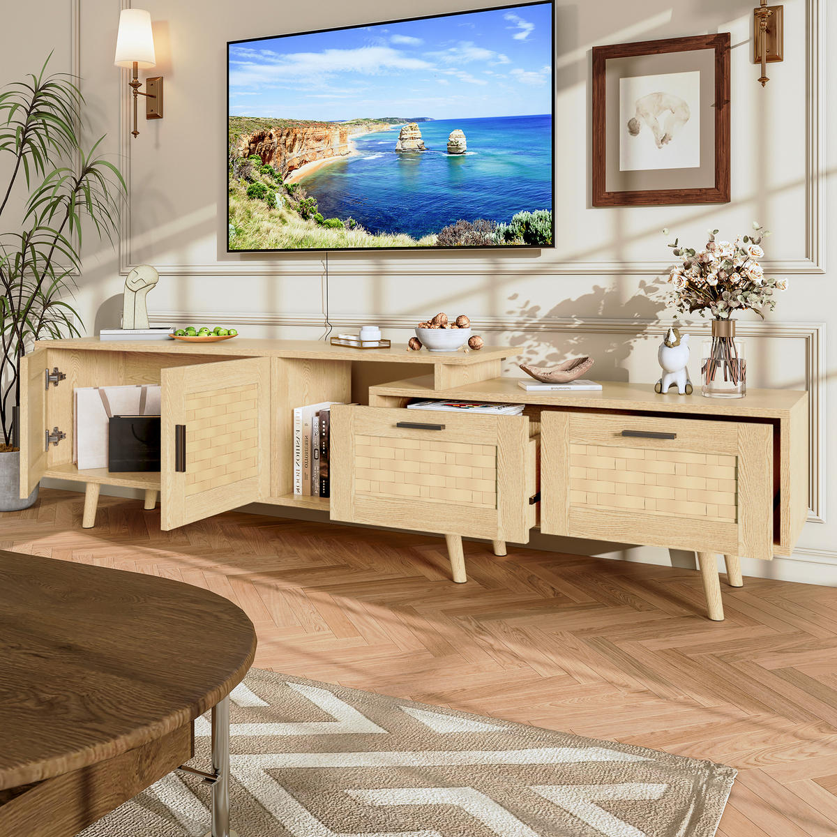 TV-SCHRANK 180x30x44 cm in Rattanoptik mit Schubladen und Türen - Naturfarben, Holz (30/44/180cm) - PARAFTA HOME