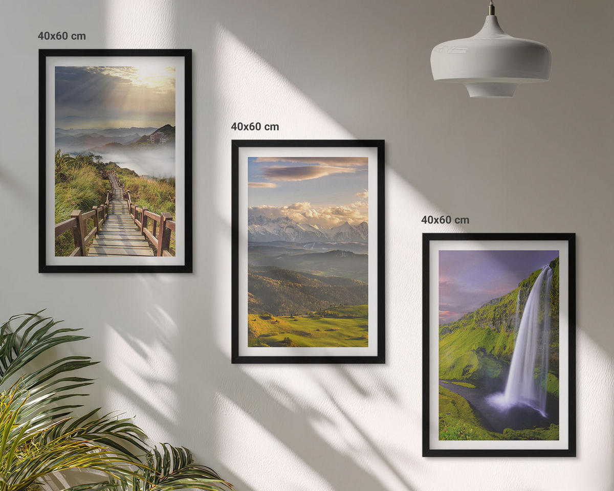 WANDBILDER 3er-Set - 40x60 cm Schwarzer Rahmen - Berglandschaften Wasserfall - Schwarz, Kunststoff (40/60cm) - ArtPrintCave