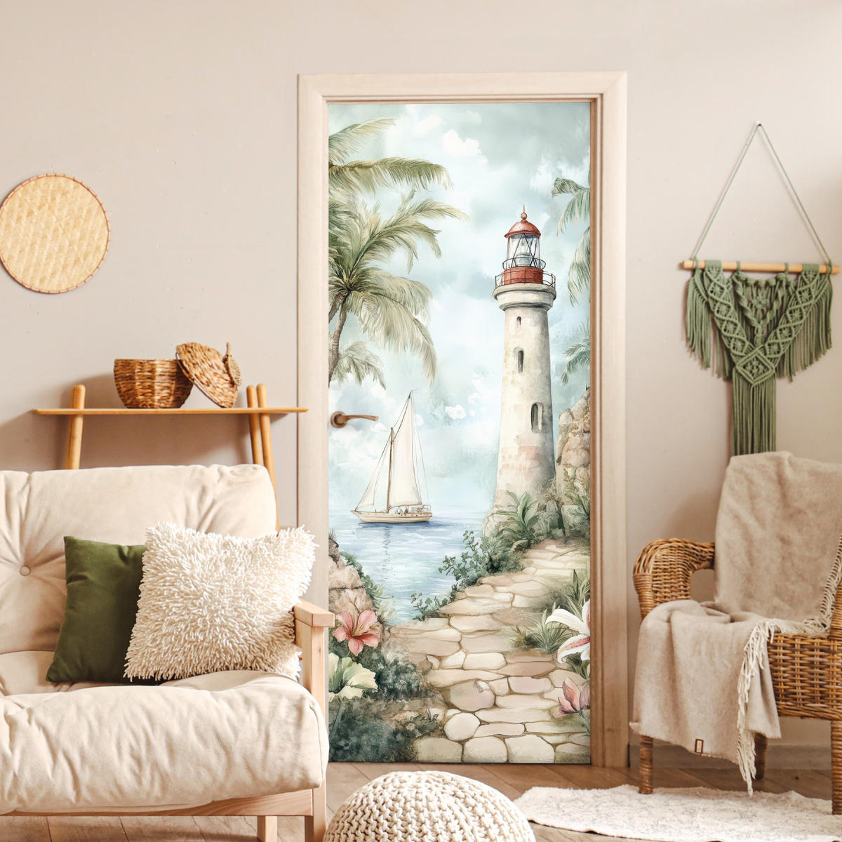 FOTOTAPETE Tür - Leuchtturm - Natur - Landschaft - Boot 75x205 cm - Eichefarben, Kunststoff (75/0.1cm) - MuchoWow
