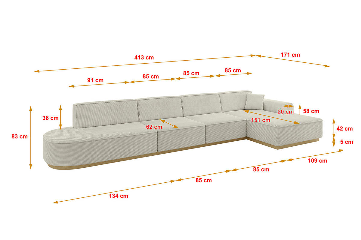 ECKSOFA Ottomane Rechts IREA-L3-v2 - 413x171x83 cm Hellgrau - Ecru/Perlmutt, Holzwerkstoff/Textil (171/413cm) - ALTDECOR