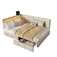 KLÄDD säng 140/190 cm beige med L-formad huvudgavel, LED-belysning och lådor - Beige, Trä - SHOPENTRA