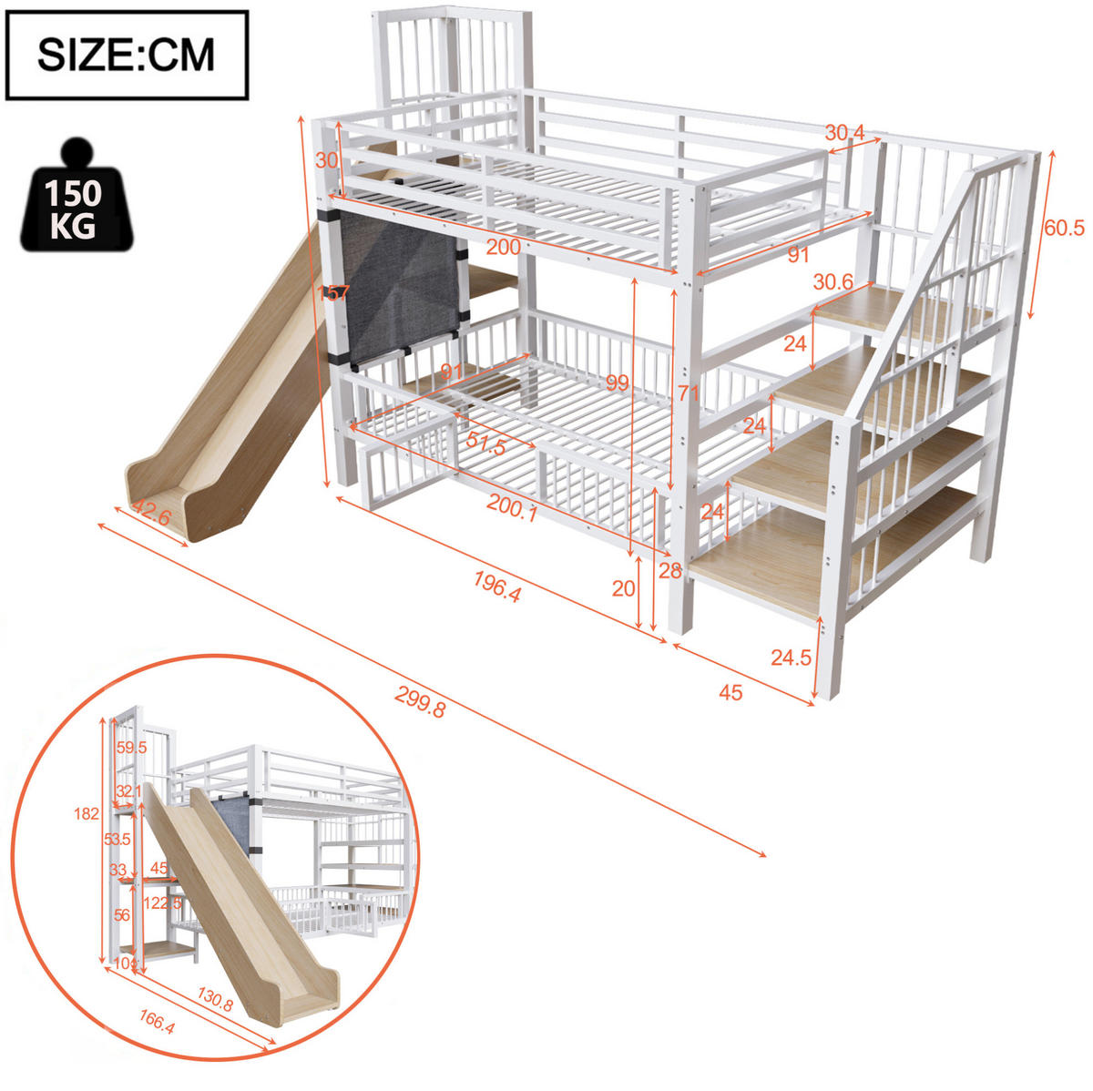 ETAGENBETT aus Metall 90x200 cm in Weiß mit Rutsche & Stauraumtreppe - Weiß, Metall (90/200cm) - Modfu