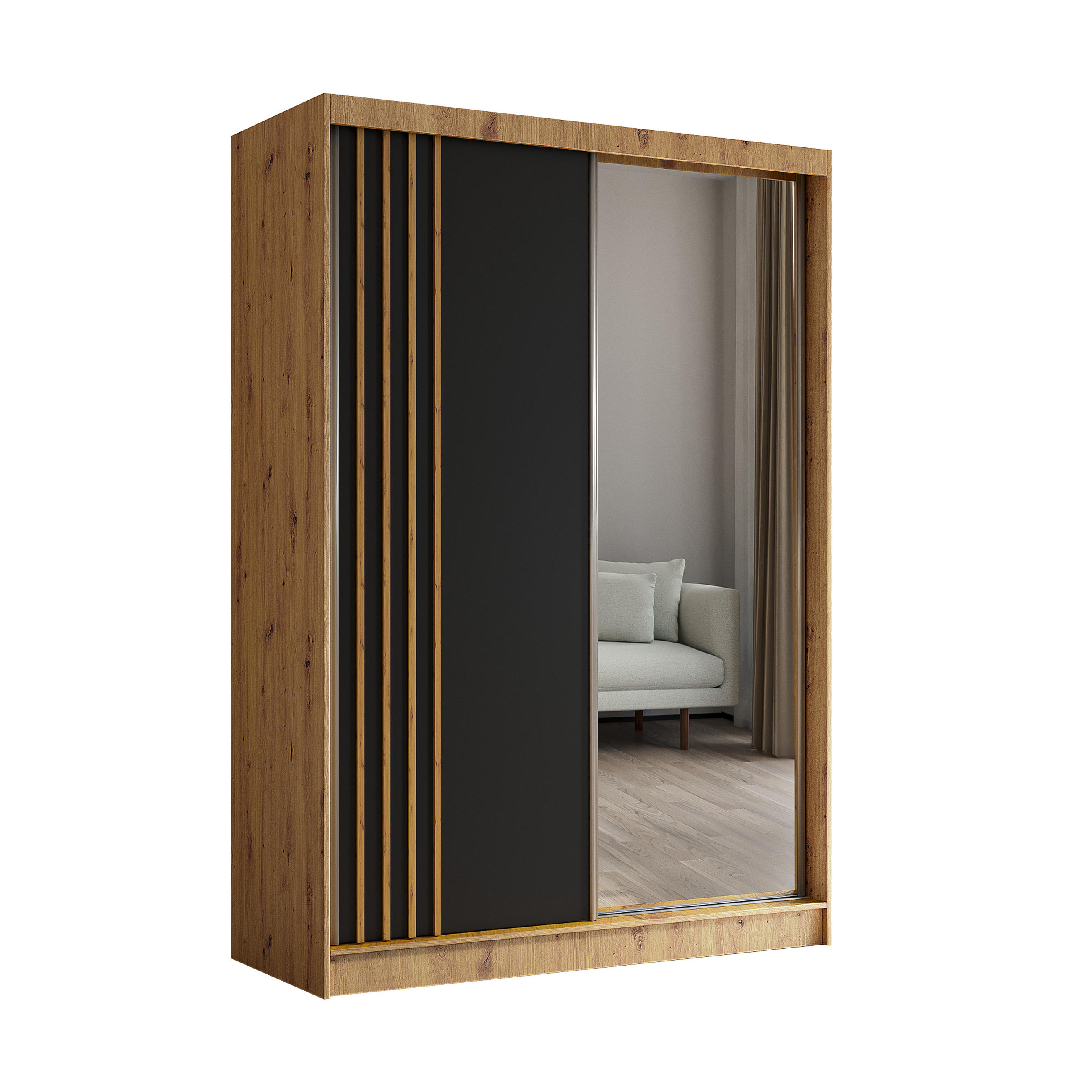 KLEIDERSCHRANK mit Spiegel-Schiebetüren und Aluminium-Leisten, LED-Beleuchtung - NALLA - 150 cm Artisan+Schwarz+Artisan - Graphitfarben/Eiche Artisan, Holzwerkstoff (150/216/61cm) - ALTDECOR