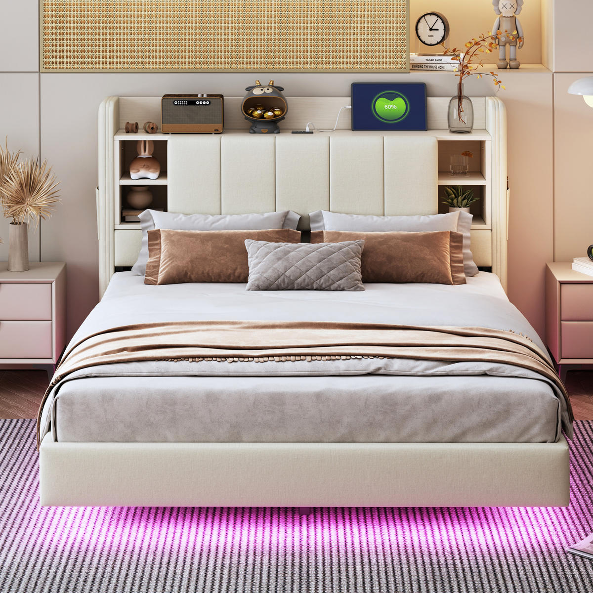 POLSTERBETT 140/200 cm Beige mit USB-Anschluss und LED-Beleuchtung, Wendbares Kopfteil mit Ablagefächern - Beige, Textil (140/200cm) - OKWISH