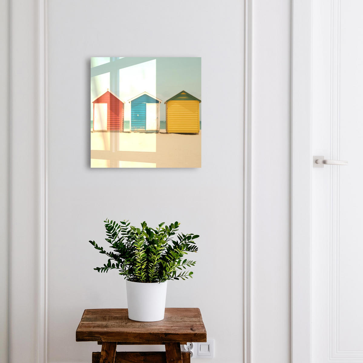 SCHLÜSSELBOX Weiß 30x30 cm – Türöffnung nach rechts - Bunte Häuser - Gelb, Metall (30/30/5cm) - TULUP
