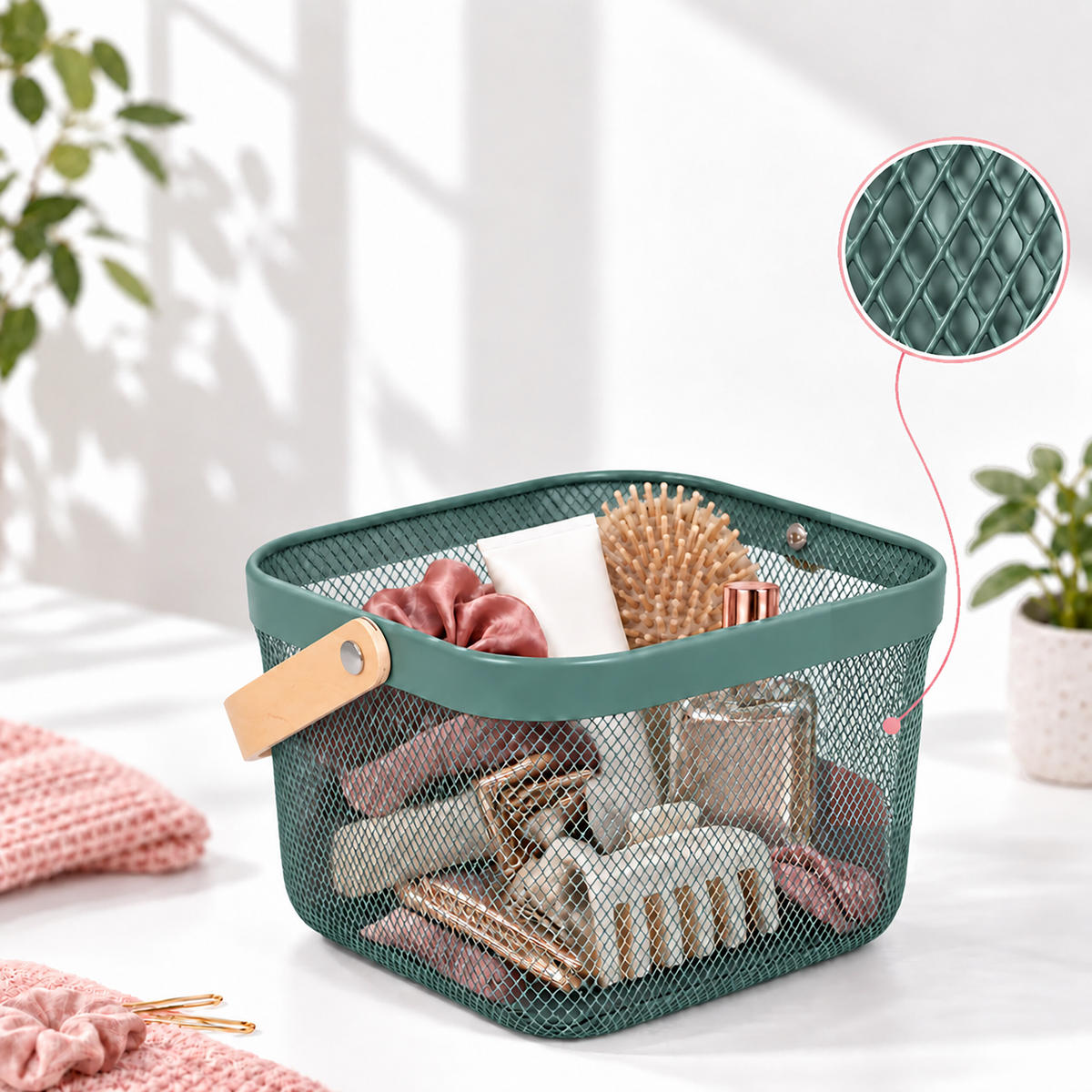 KOŠARA Mint kov - turkizna, kovina/les (26/17.5/24.5cm) - Relaxdays