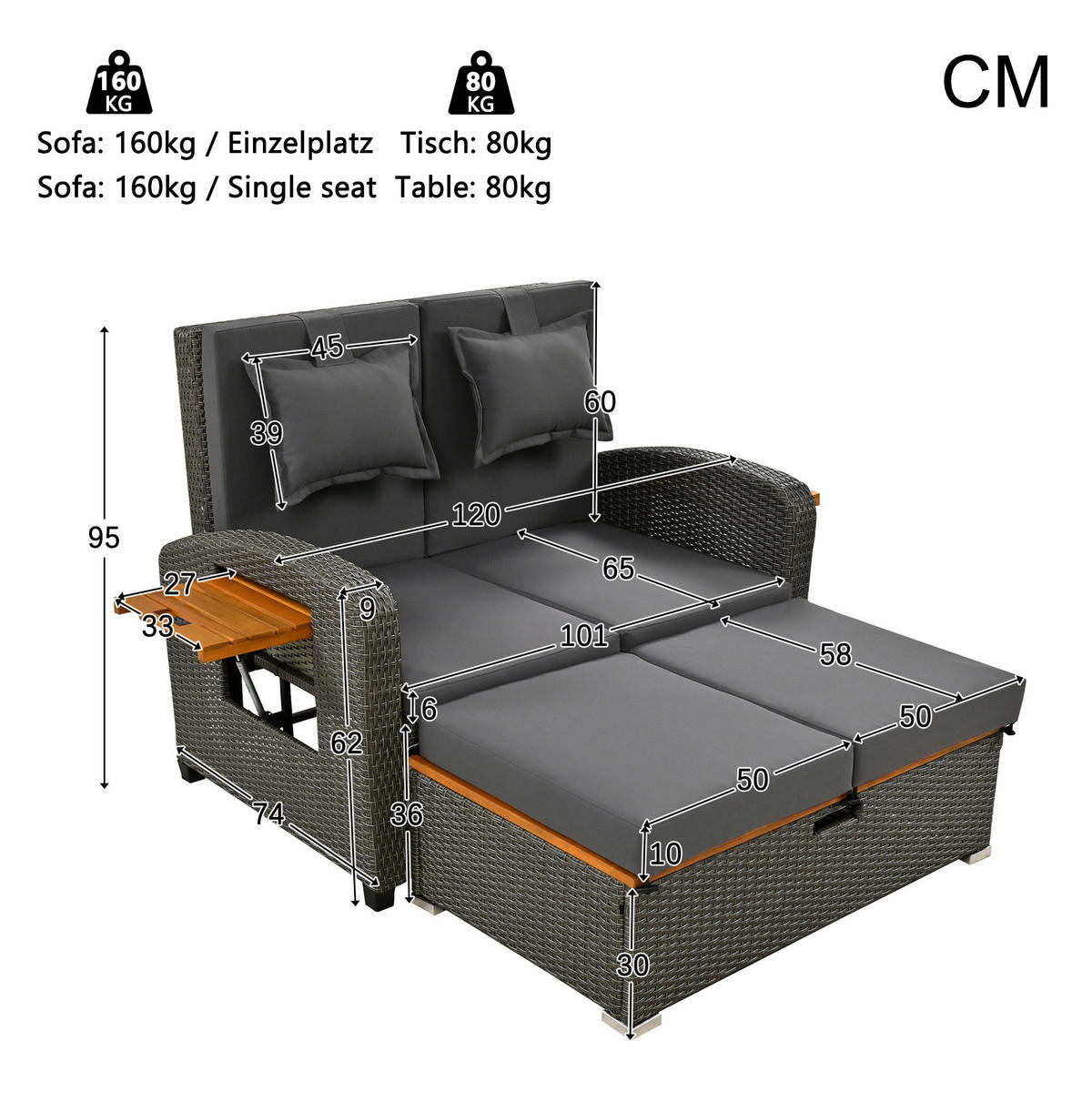 LOUNGESOFA aus Rattan & Stahl 120x74x95 cm in Grau mit Rückenlehne - Grau, Metall (74/95/120cm) - Modfu