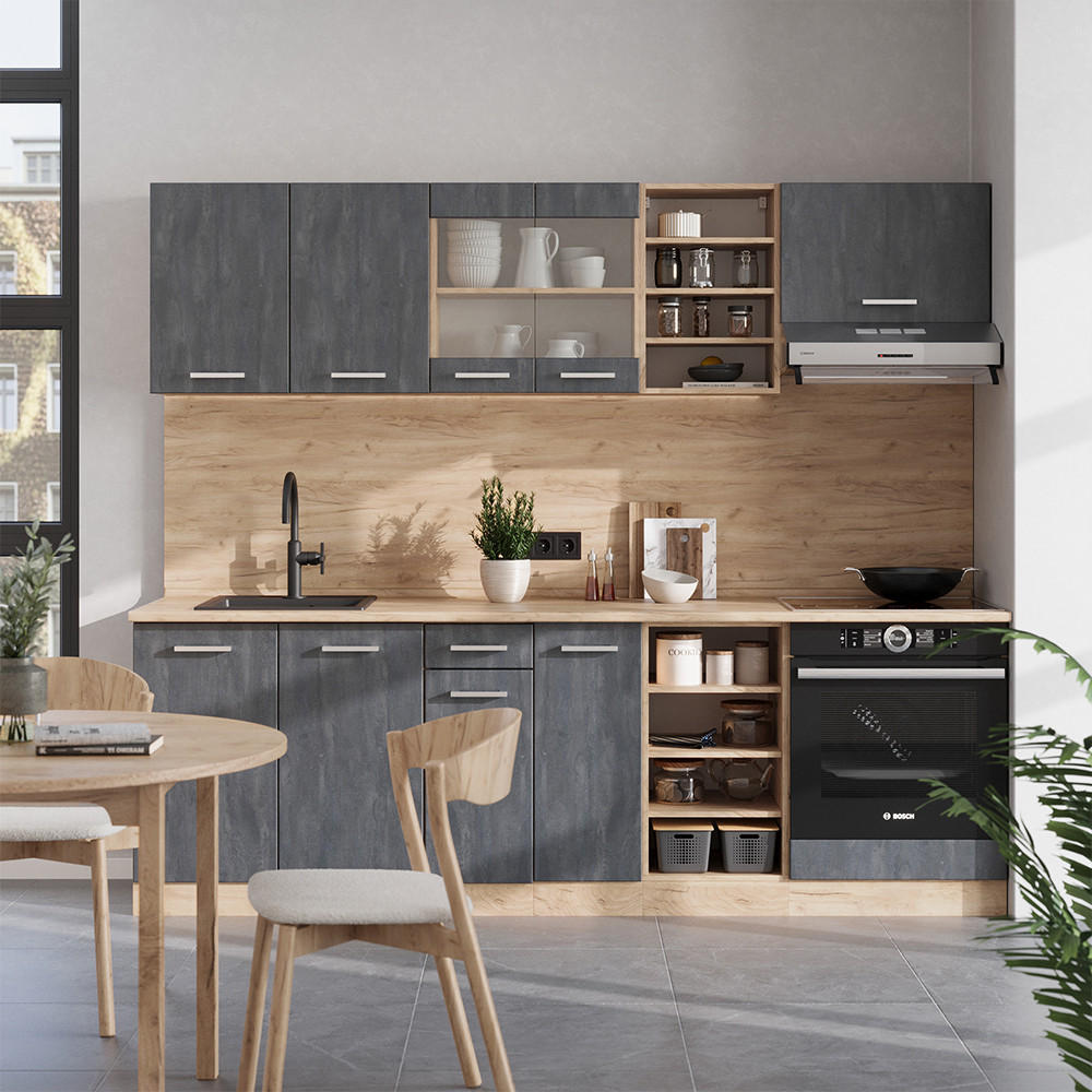 KÜCHENZEILE R-Line Schwarz Beton/Goldkraft Eiche 240 cm AP Eiche - Eiche Wotan/Schwarz, Holzwerkstoff (240/81.6/60cm) - Vicco