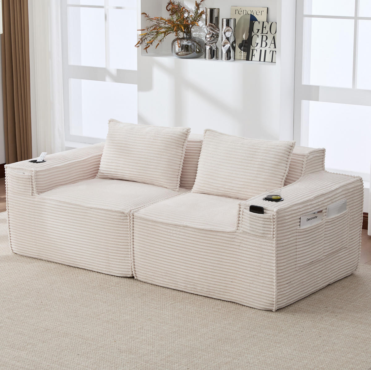 SOFA 2-Sitzer modular mit Getränkehaltern 188 cm Beige - Beige, Kunststoff (188/75/90cm) - Meubliv