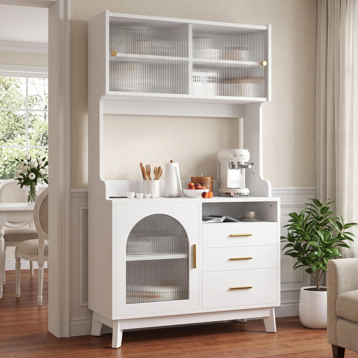 BUFFETSCHRANK 100,5x40x178 cm, 2 Steckdosen, USB-A/USB-C-Anschlüsse, Weiß - Weiß, Holzwerkstoff (100.5/178/40cm) - FOHERE