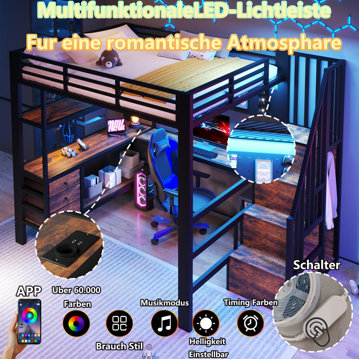HOCHBETT 140/200 cm in Schwarz mit 3 Schubladen, Tisch, Steckdose und LED - Schwarz, Holzwerkstoff/Metall (90/200cm) - STILVORA