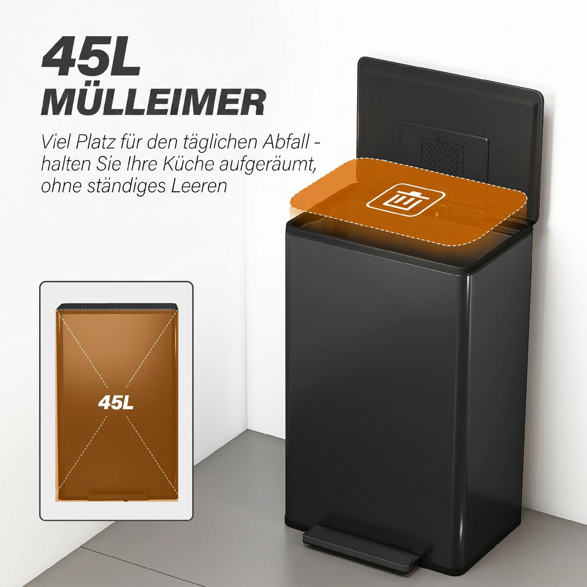 MÜLLEIMER Edelstahl Kunststoff Schwarz - Schwarz, Metall (35/68/42.5cm) - HOMCOM