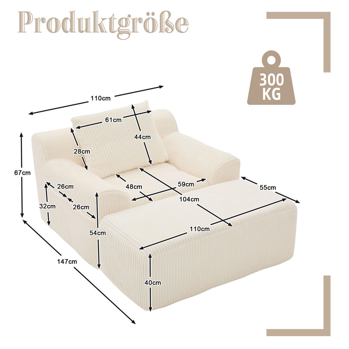 SESSEL mit Hocker in Cord Übergroßer Relaxsessel - Beige, Textil (147/67/110cm) - Urban Meuble