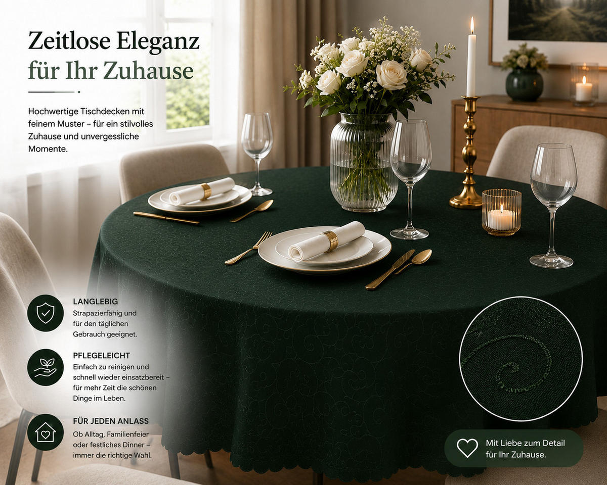 TISCHDECKE 135 cm rund Ornamente Dunkelgrün - Dunkelgrün, Textil (135cm) - TiborTex