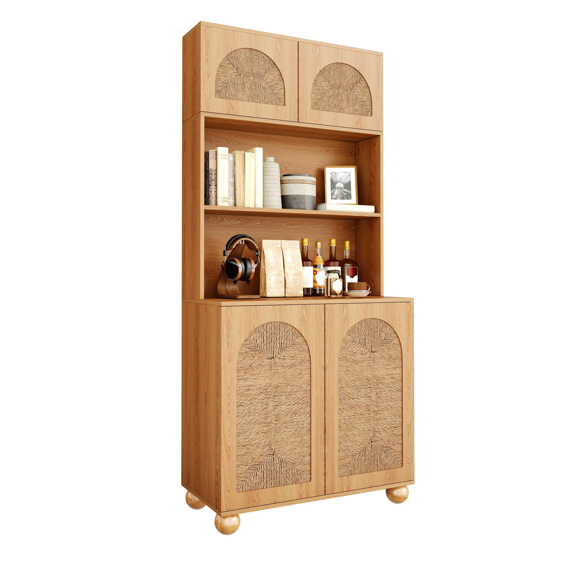SIDEBOARD Hochschrank Seilgeflecht Türen Stauraum Holzfüße Modern - Naturfarben, Holzwerkstoff (80/180/40cm) - FLIEKS