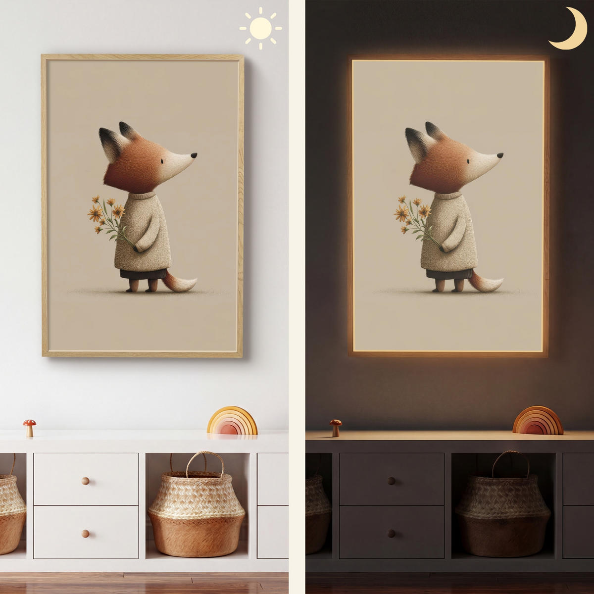 NÁSTĚNNÁ LAMPA S AKUMULÁTOREM Liška - Žluté květy - Minimalistický 70x100 cm - šedohnědá, kompozitní dřevo (70/100/8cm) - OnlyWow