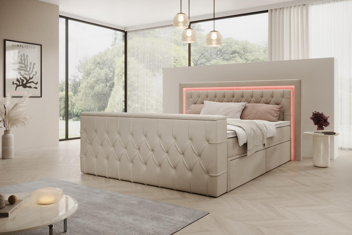 BOXSPRINGBETT Arosa TV mit Schubladen und Topper, TV-Lift, LED Beleuchtung, Samt, 180x200 cm, Beige - Beige, Holz - PROMETO Möbel