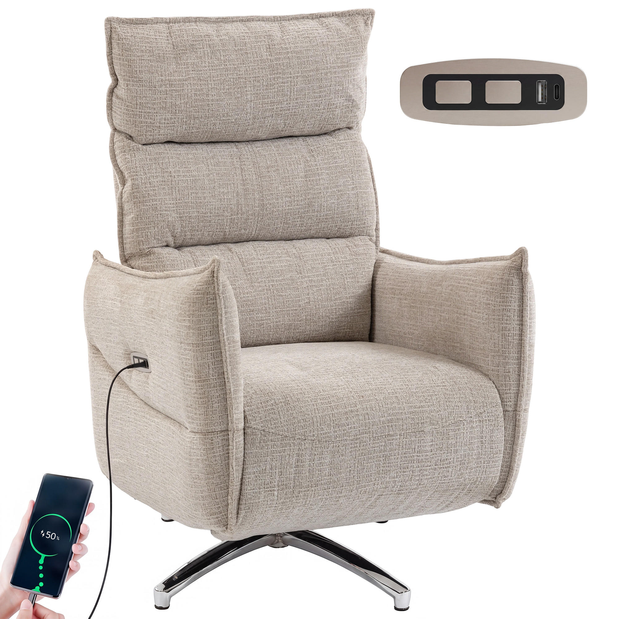 RELAXSESSEL DE-06443 160° neigbar, USB-A & USB-C Beige - Beige, Textil/Metall (76/111/88cm) - ComfortXL