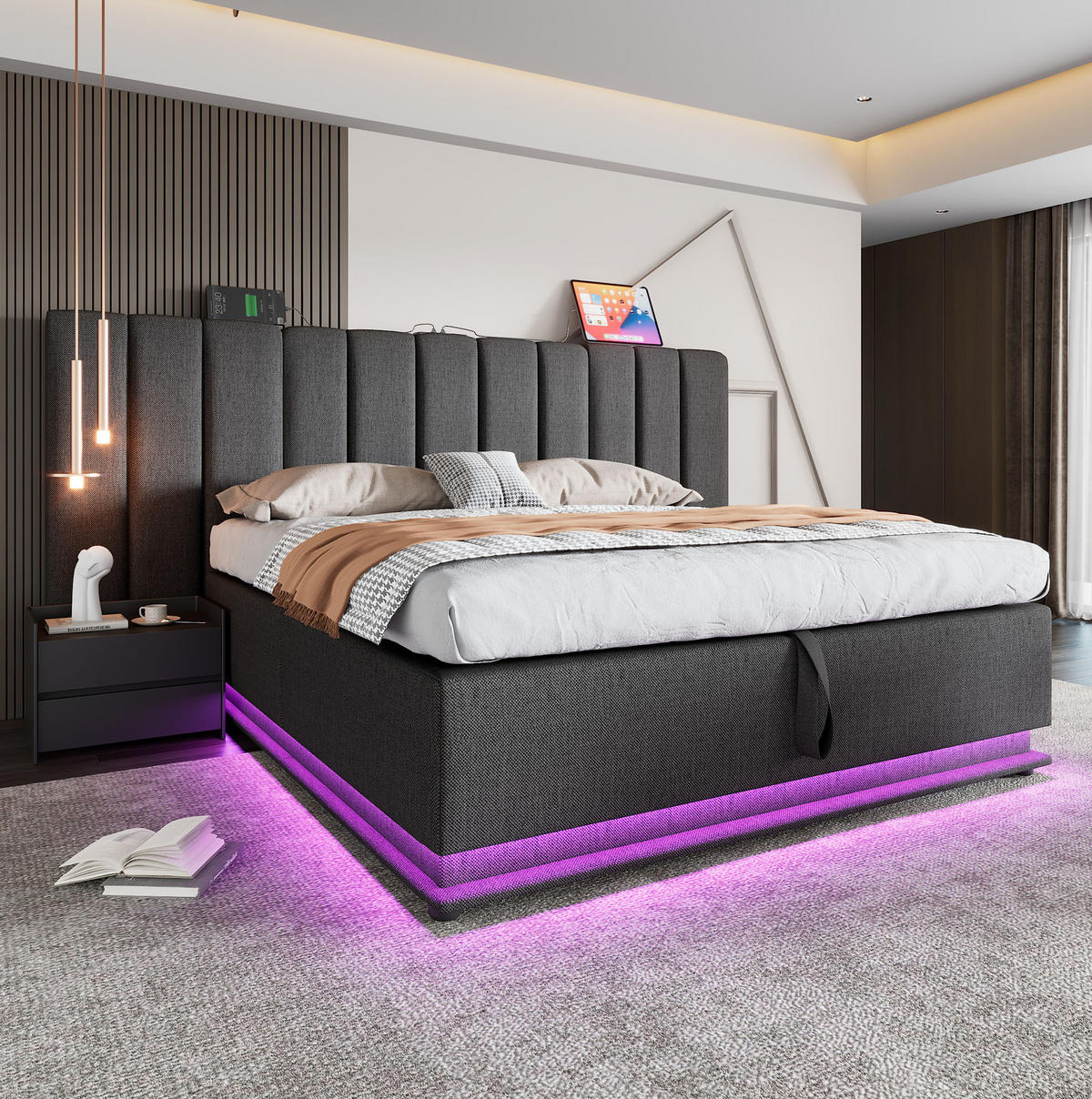 POLSTERBETT mit Stauraum, LED und USB-C 180x200 cm Leinen Grau - Grau, Metall (180/200cm) - Meubliv