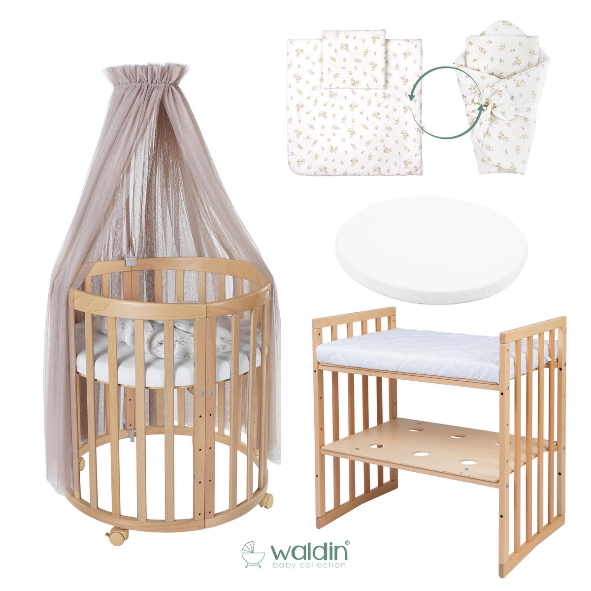 BABYBETT NATUR OVAL 7in1 mit Matratze und Himmelset - Taupe/Naturfarben, Holz/Textil