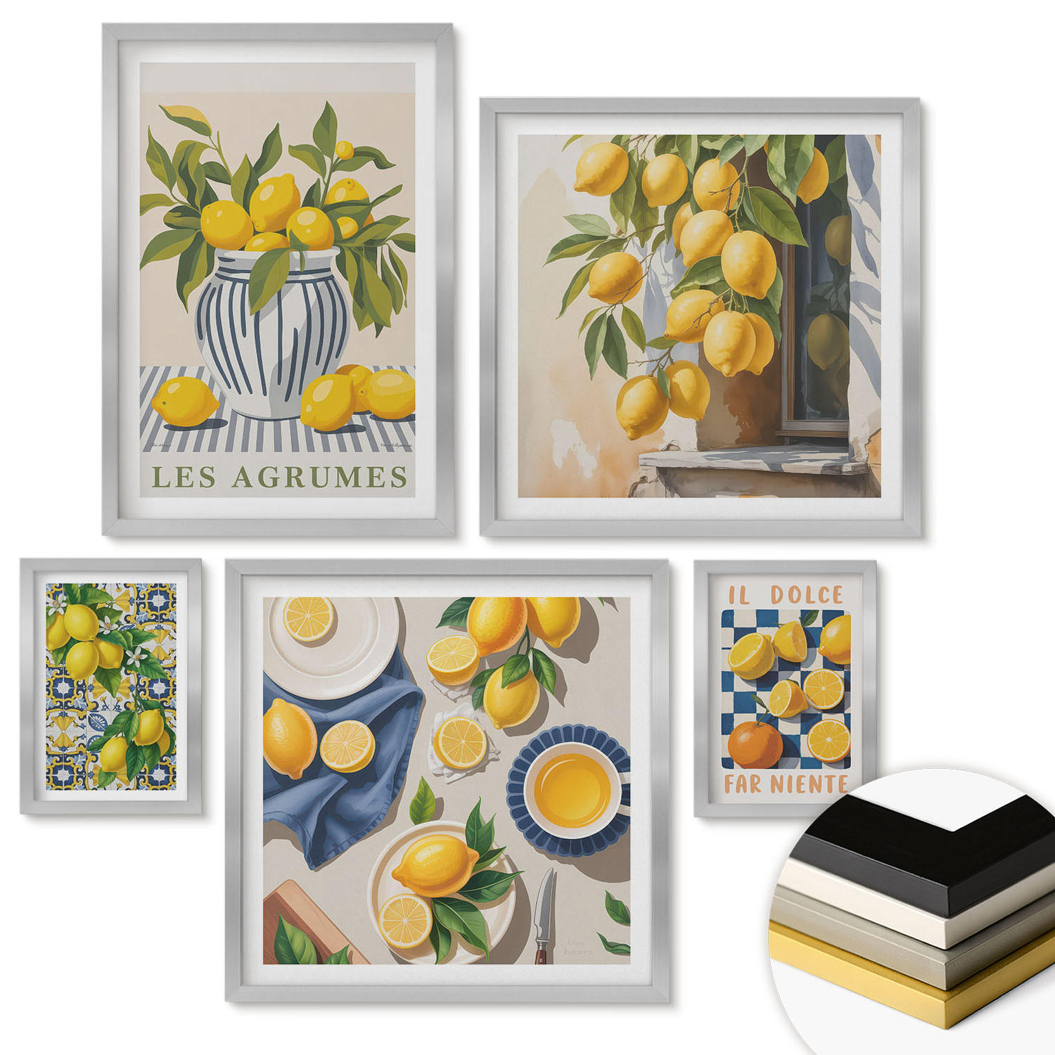 WANDBILDER 5er Set - 50x50 cm & 20x30 cm & 40x60 cm Silberner Rahmen - Rustikale Cocktails mit Olivenblüten - Silberfarben, Kunststoff (40/60cm) - ArtPrintCave