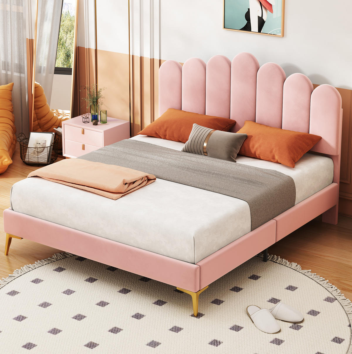 POLSTERBETT aus Samt 140x200 cm Pink mit verstellbarem Kopfteil, Lattenrost und Metallfüßen - Rosa, Textil (140/200cm) - Modfu