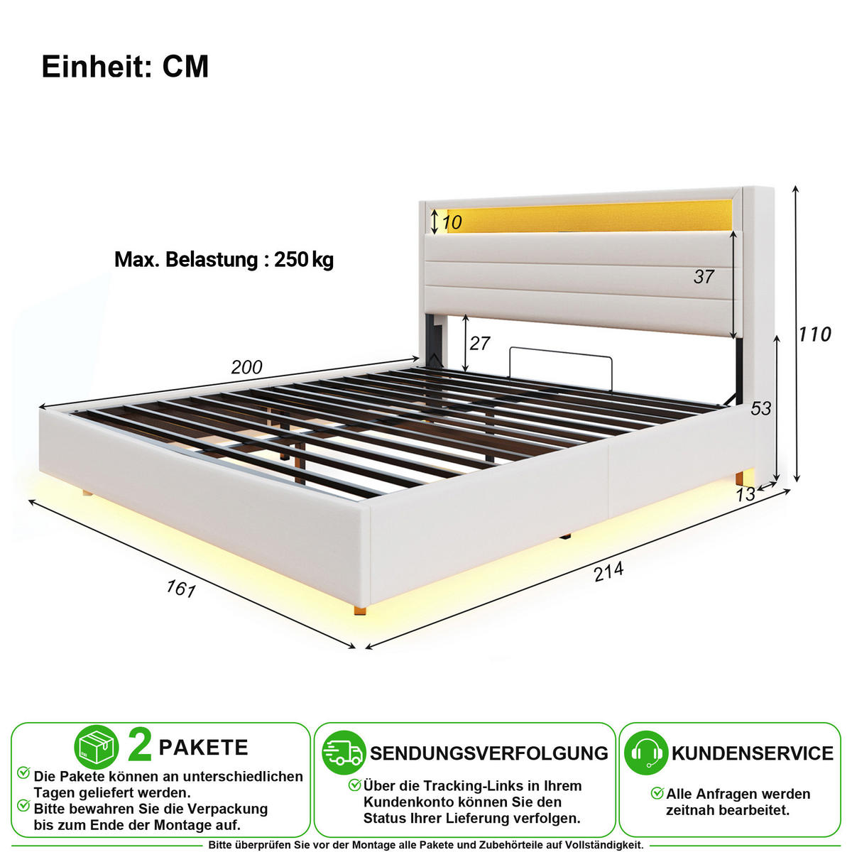 POLSTERBETT 160/200 cm in Beige mit Bettkasten, LED und USB Leinen - Beige, Holzwerkstoff/Textil (160/200cm) - CHICFURN
