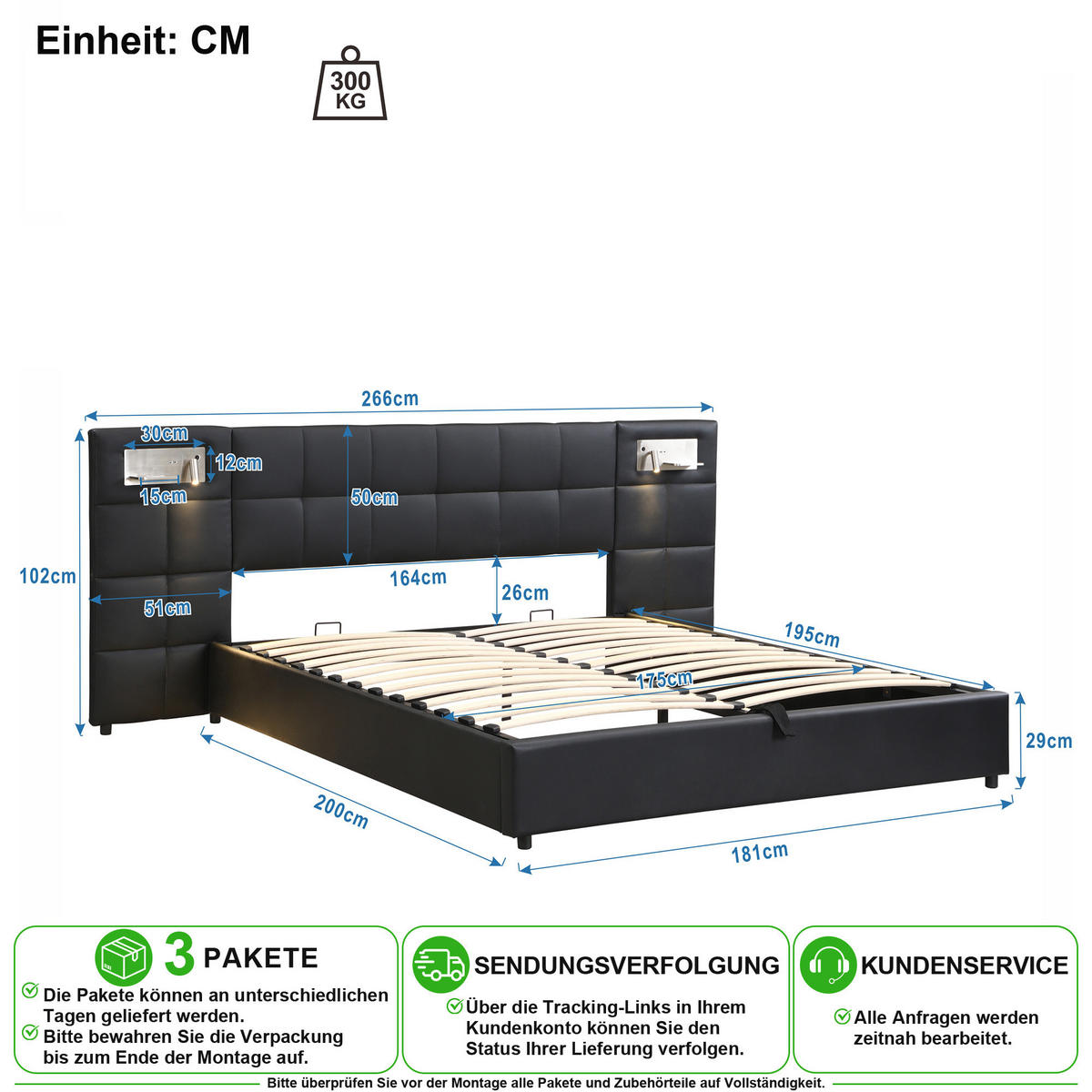 POLSTERBETT 180/200 cm in Schwarz mit Stauraum, USB, kabellosem Laden und LED Kunstleder - Schwarz, Holzwerkstoff/Textil (180/200cm) - CHICFURN