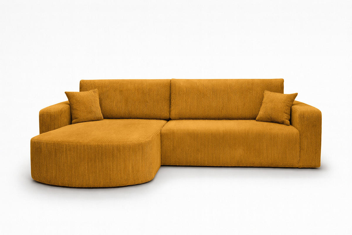 ECKSOFA Mit Schlaffunktion, Cordstoff Poso, Senffarbe, Links, ROUND ONE XL - Gelb, Holz (271/175cm) - Kaiser Möbel
