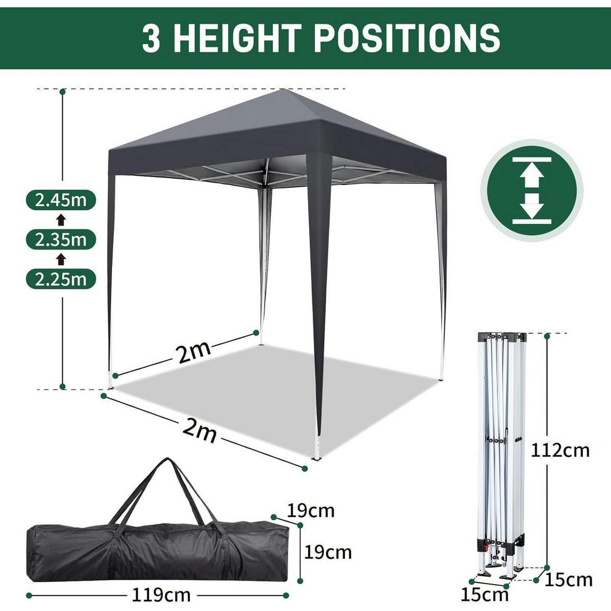 FALTPAVILLON 2 x 2 m Dunkelgrau mit 4 Seitenteilen - Anthrazit, Textil (200/245/200cm)