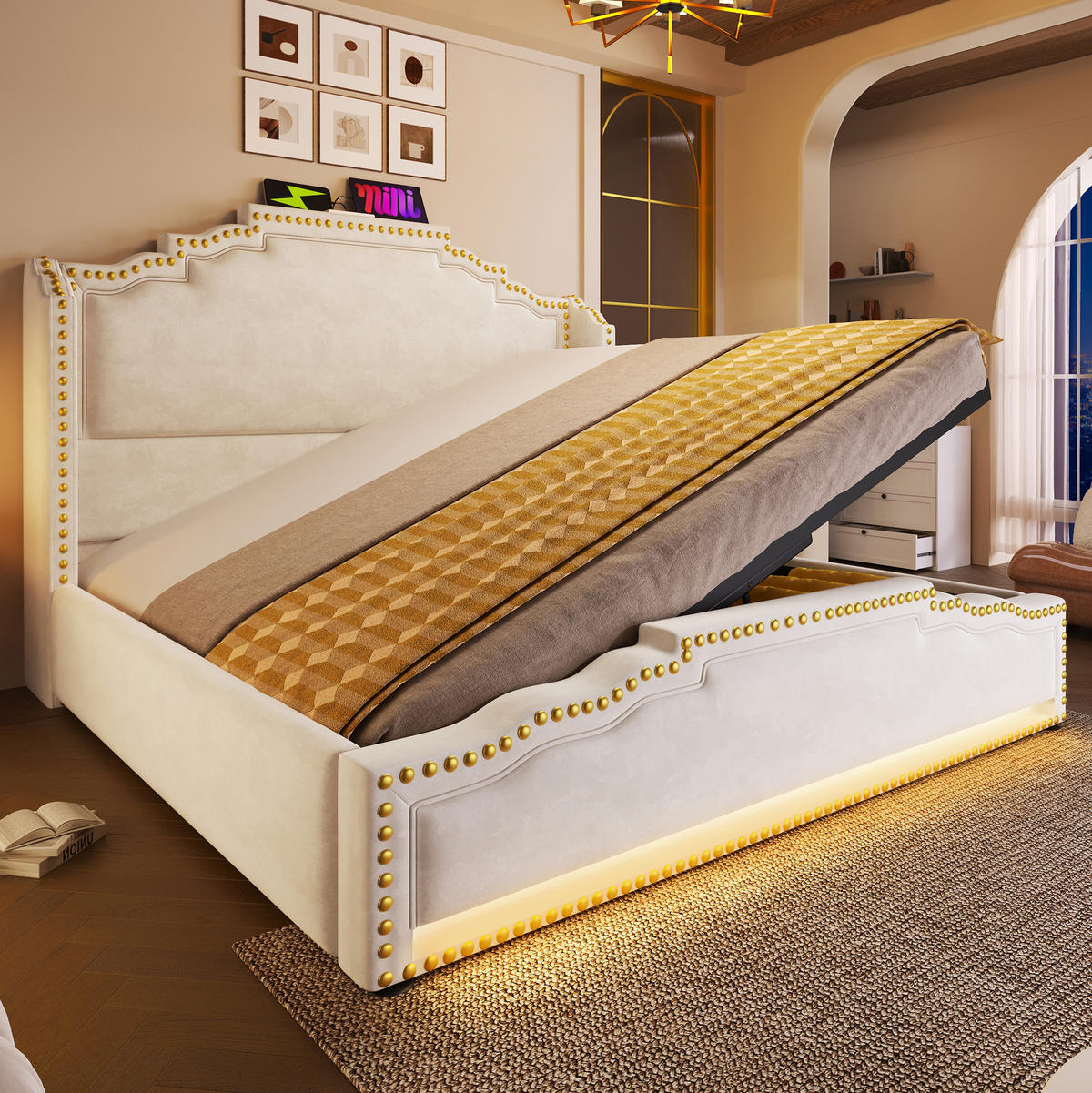 SAMT-POLSTERBETT 140/200 cm mit Bettkasten, LED und USB-C in Beige - Beige, Textil (140/200cm) - BEAOK